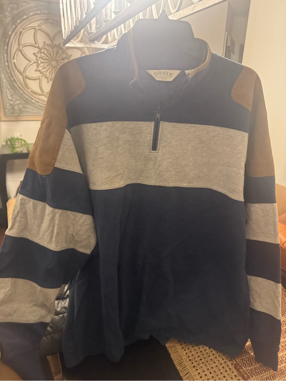Orvis Navy and Gray Striped Quarter-Zip Sweater with Brown Elbow Patches